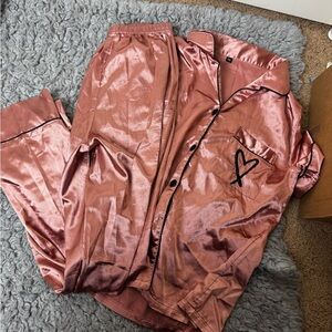 Satin Rose Pink Pajama Set with Heart Detail